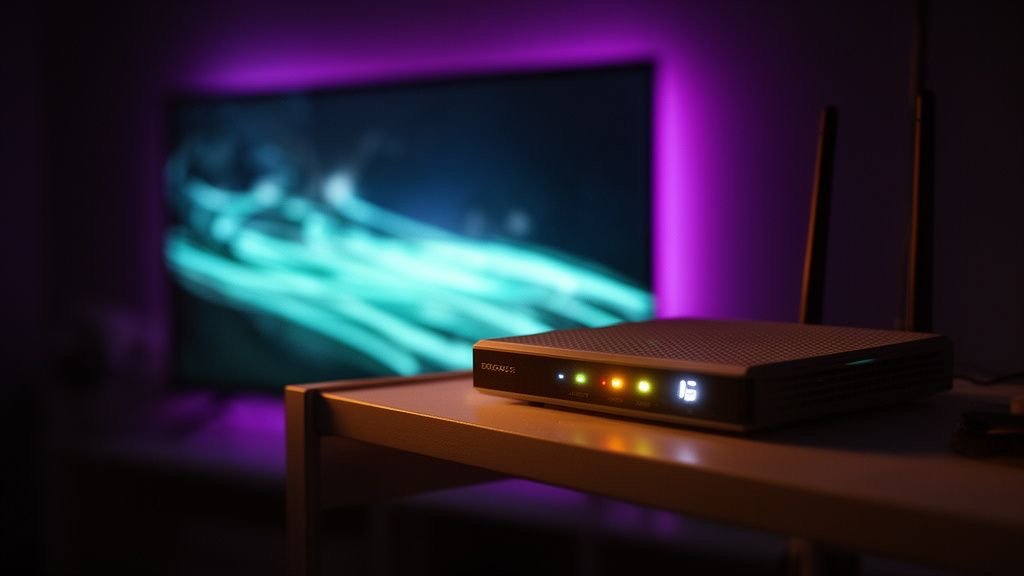 Wi-Fi router with fast data light trails for smooth TVPikoma streaming