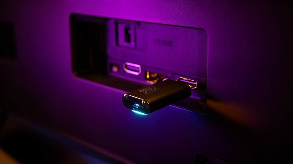 Streaming stick plugged into a TV ready to install TVPikoma