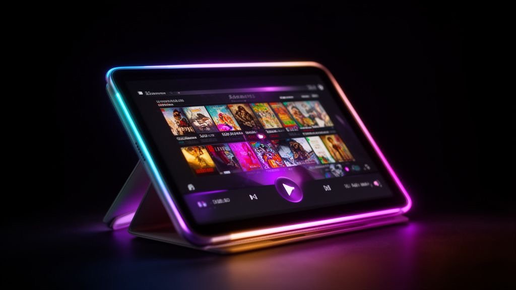 Tablet showing an IPTV player interface for TVPikoma
