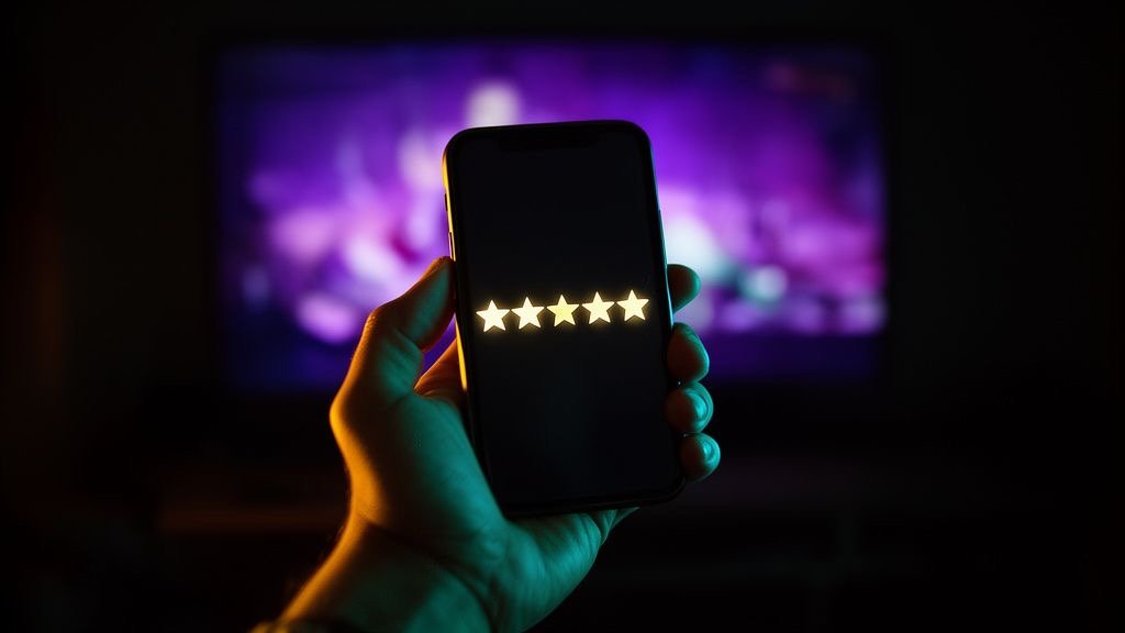 Smartphone showing a five-star rating for TVPikoma