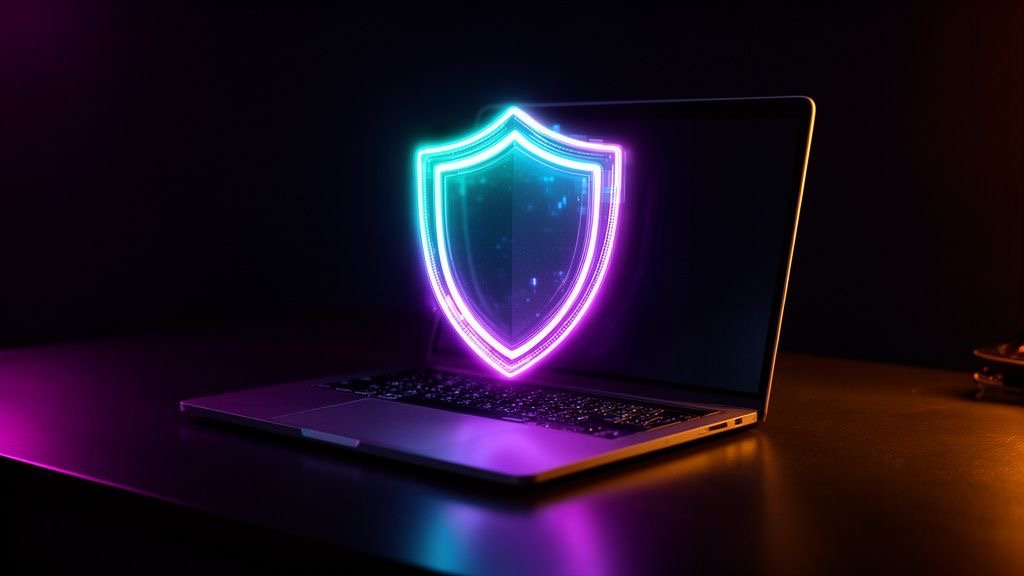 Laptop with a glowing shield symbolising VPN privacy for TVPikoma