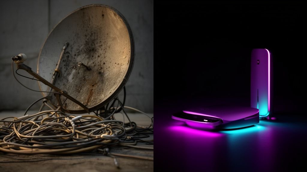 Old satellite dish versus modern TVPikoma streaming setup