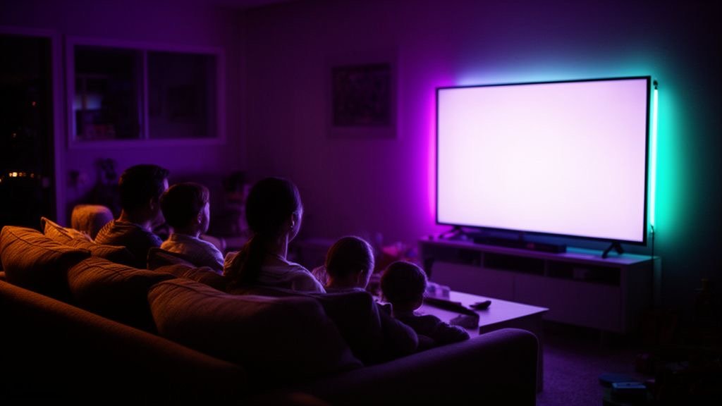 Family watching TVPikoma IPTV on a large TV in a cozy living room