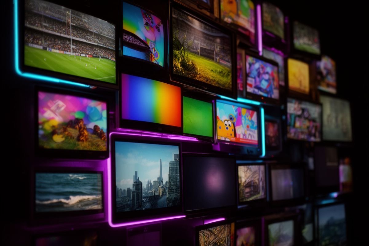 Wall of screens showing the variety of TVPikoma channels